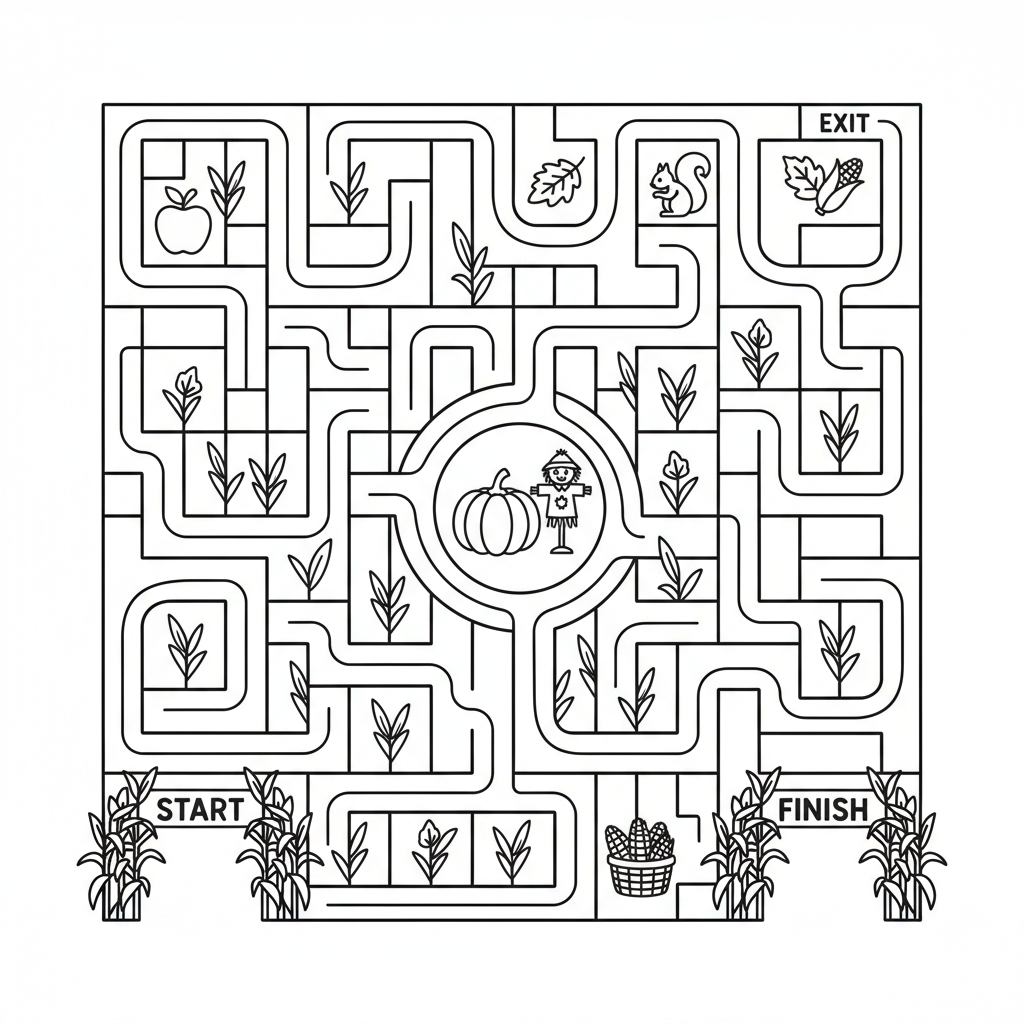 Fall corn maze aerial view winding path adventure - Free Printable Coloring Page