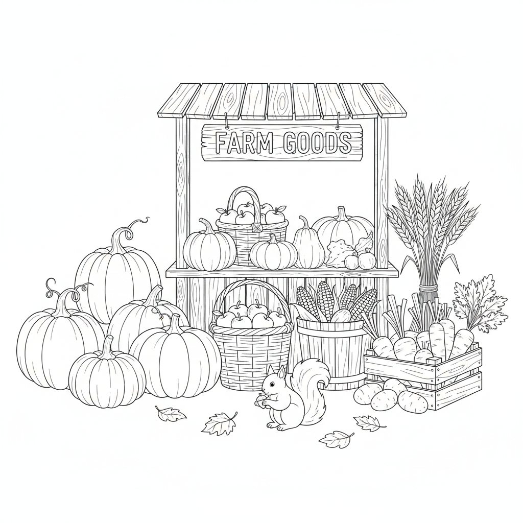 Farmers market autumn produce display - Free Printable Coloring Page