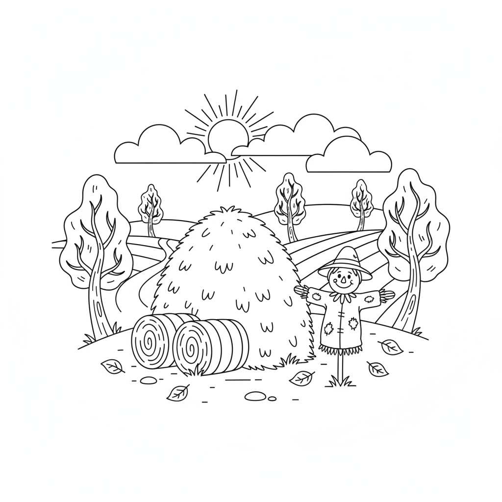 Haystack in countryside autumn scene - Free Printable Coloring Page Haystack in countryside autumn scene - Free Printable Coloring Page