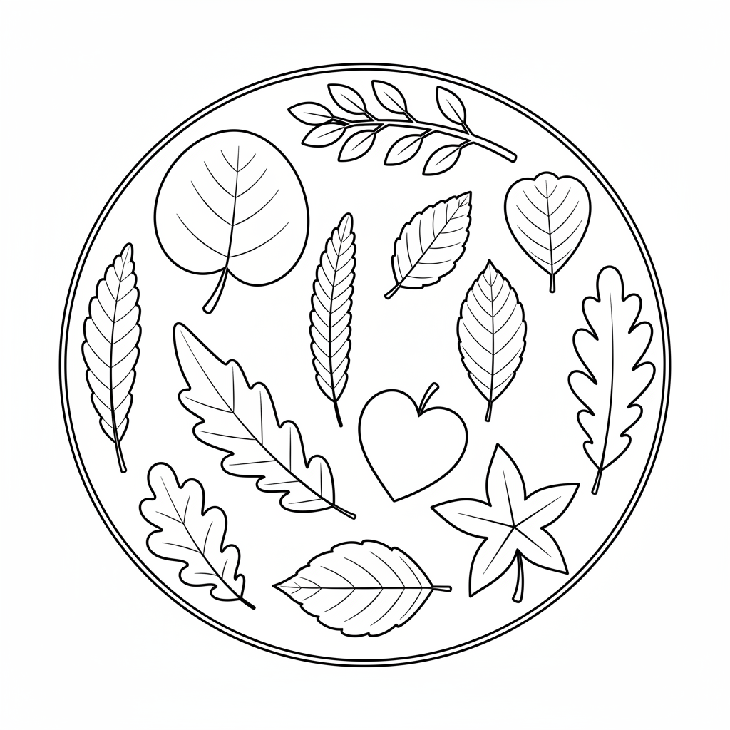 Leaf collection various shapes sizes display - Free Printable Coloring Page