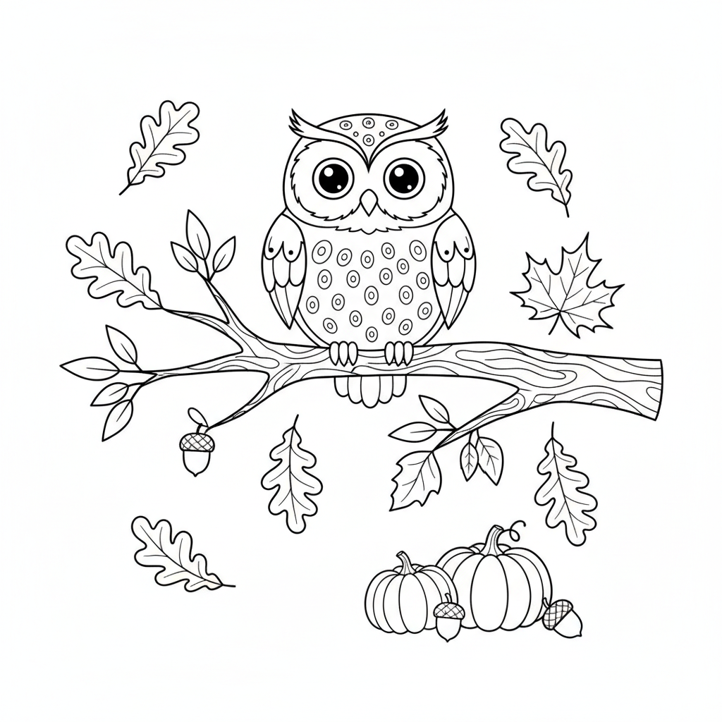 Uggla uppe på höstgren och tittar på - Gratis utskrivbar målarbild Uggla uppe på höstgren och tittar på - Gratis utskrivbar målarbild