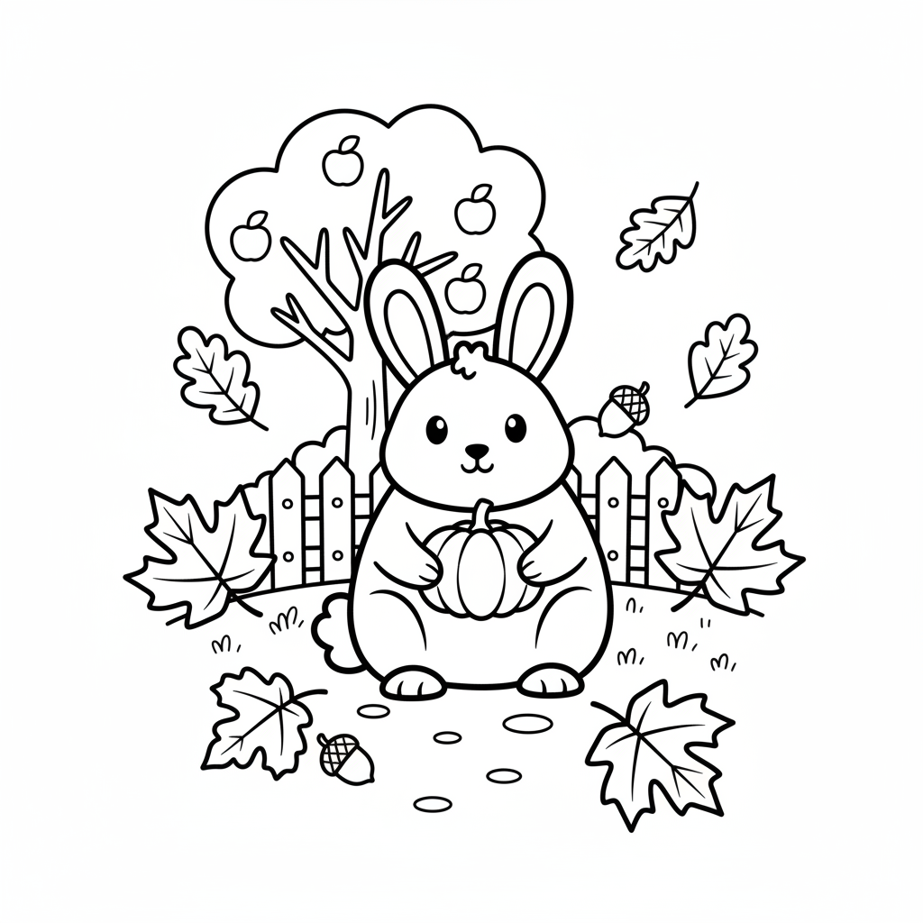 Kaninchen im Herbstgarten zwischen Blättern - Free Printable Coloring Page