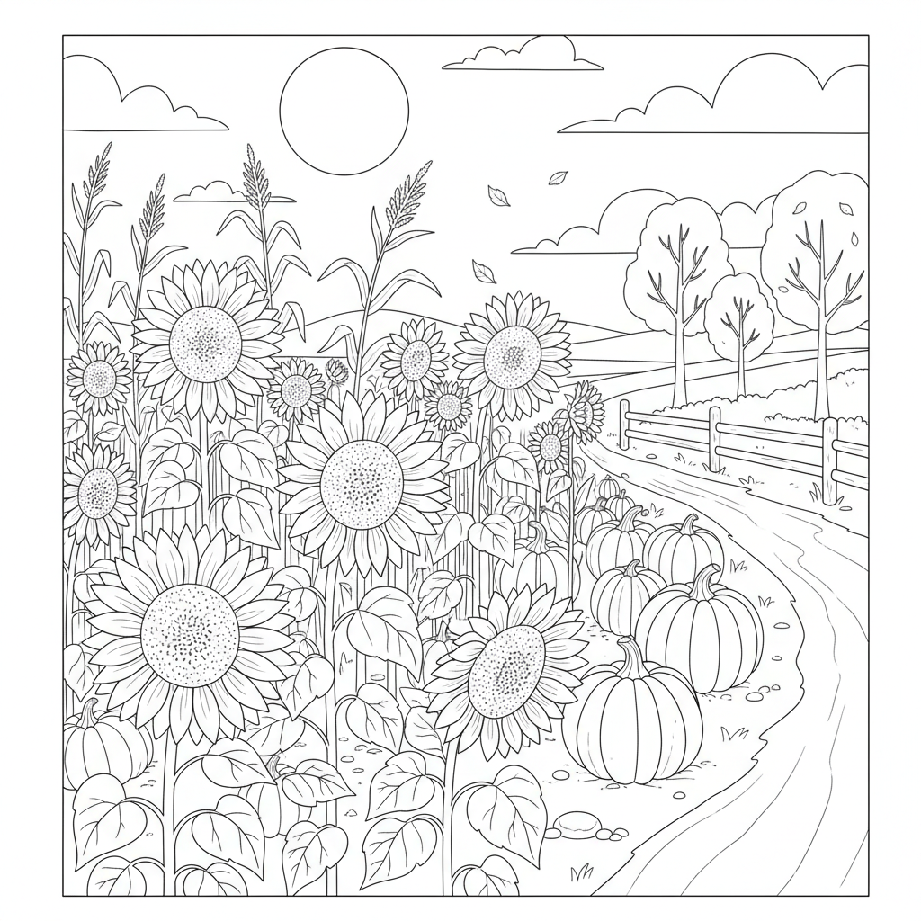 Sunflower field end of summer fall - Free Printable Coloring Page