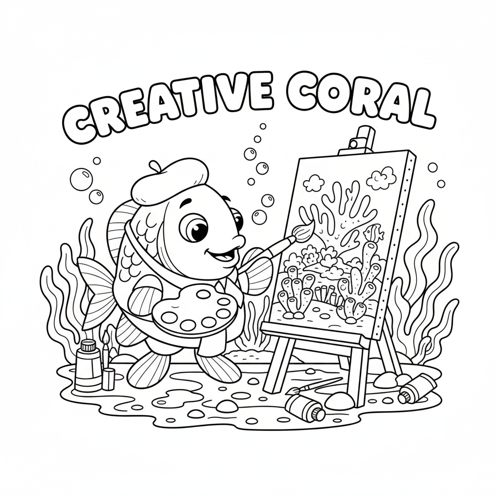Kunstenaar schildert koraal op een creatief canvas met vissen als thema. - Gratis afdrukbare kleurplaat Kunstenaar schildert koraal op een creatief canvas met vissen als thema. - Gratis afdrukbare kleurplaat