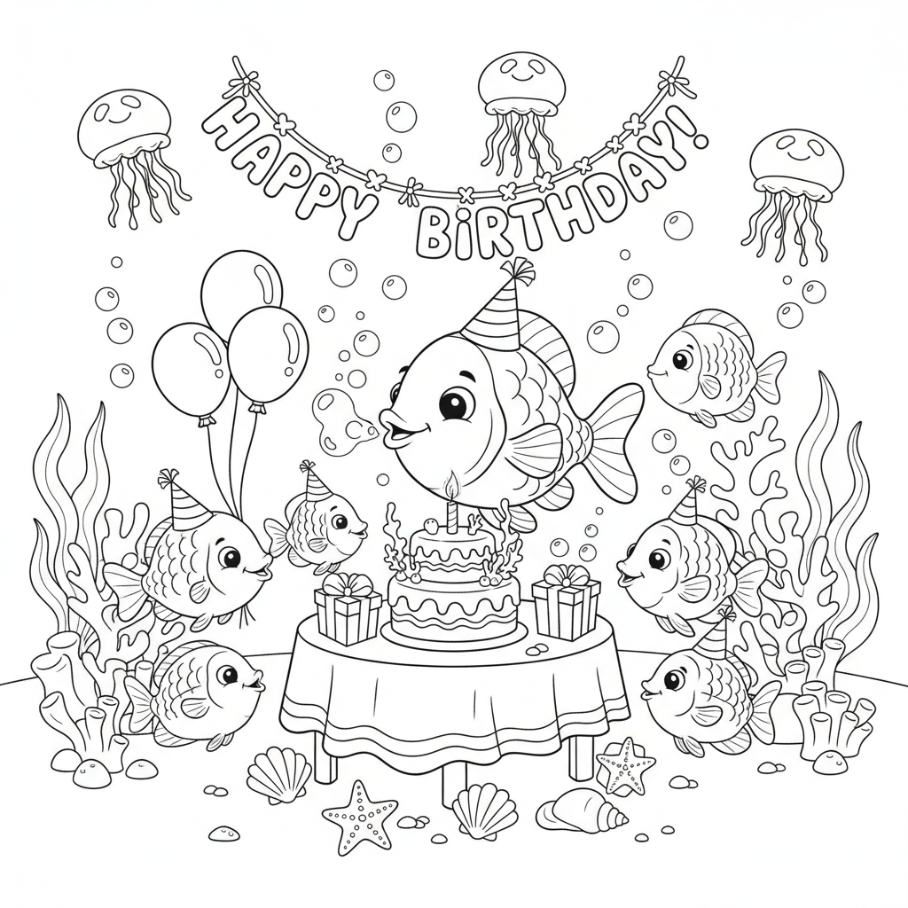 Vissen verjaardagsfeestje onderwater viering - Gratis afdrukbare kleurplaat Vissen verjaardagsfeestje onderwater viering - Gratis afdrukbare kleurplaat