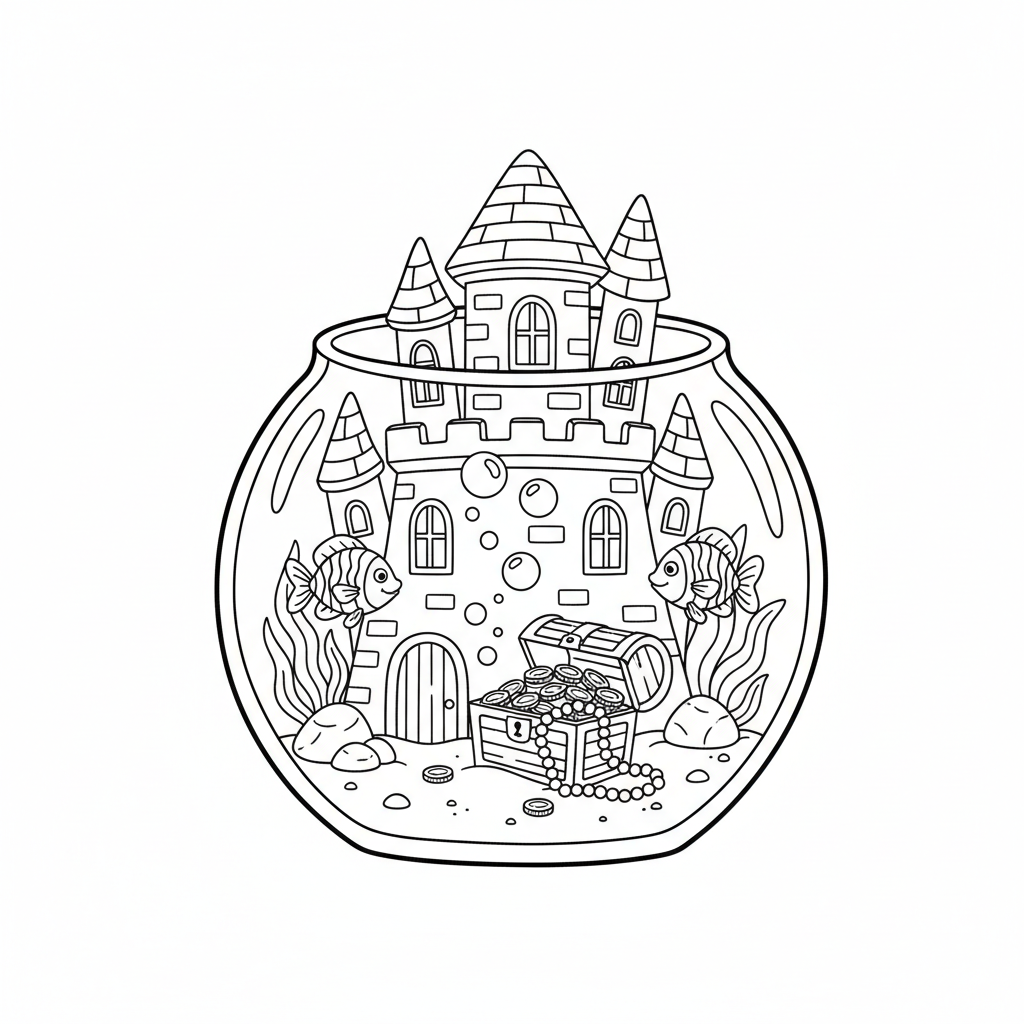 Vissenkomkasteel met schatkistversieringen en bubbels - Free Printable Coloring Page