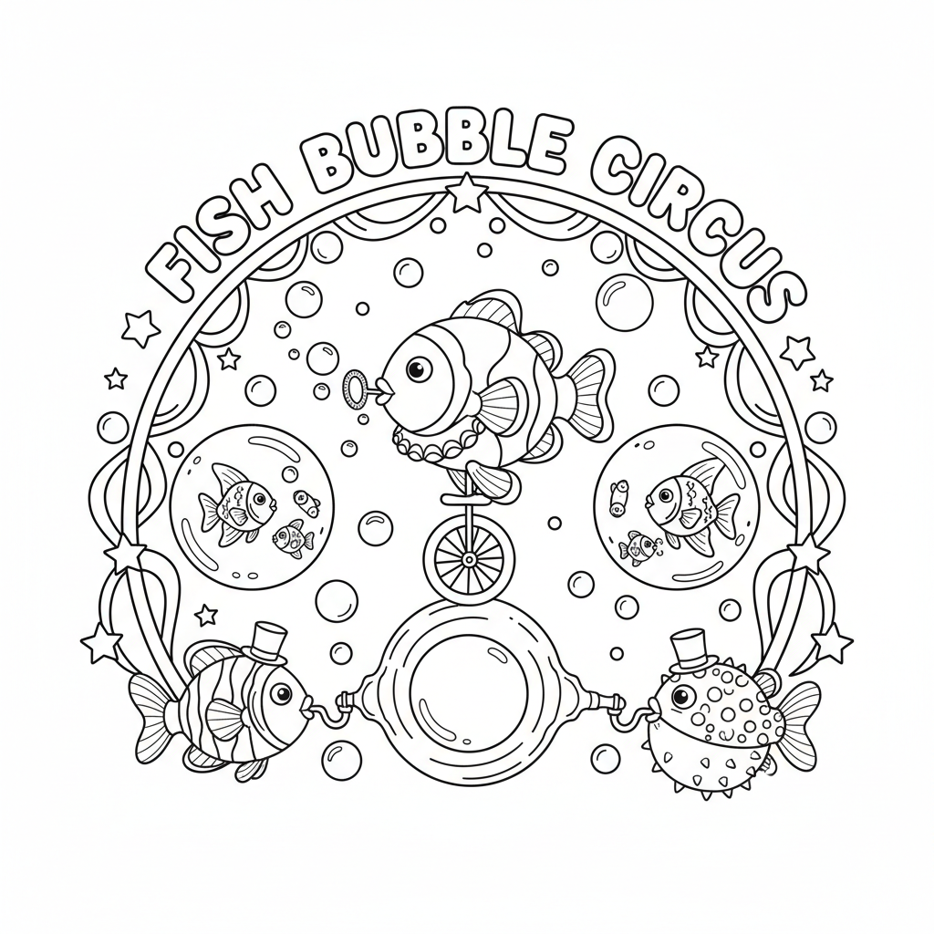 Fish circus performance bubble tricks - Free Printable Coloring Page Fish circus performance bubble tricks - Free Printable Coloring Page