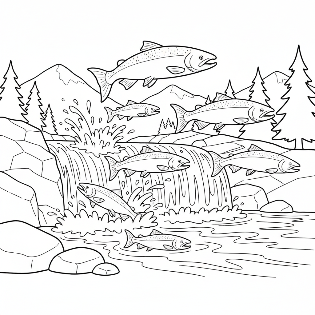 Vissen die stroomopwaarts springen bij een waterval, zalmmigratie, paaien - Free Printable Coloring Page