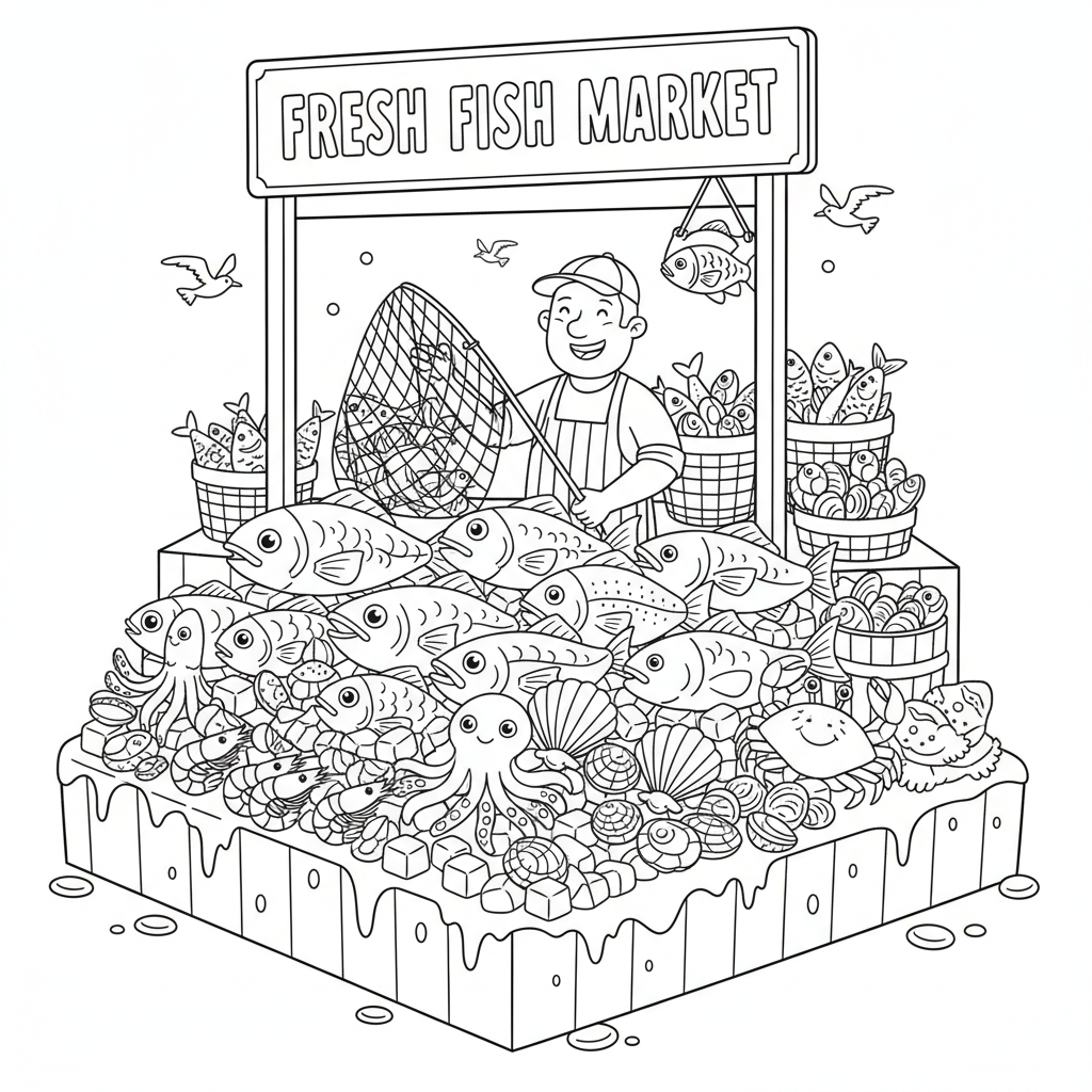 Viskraam met een kleurrijk assortiment en een vitrine met vers ijs. - Free Printable Coloring Page