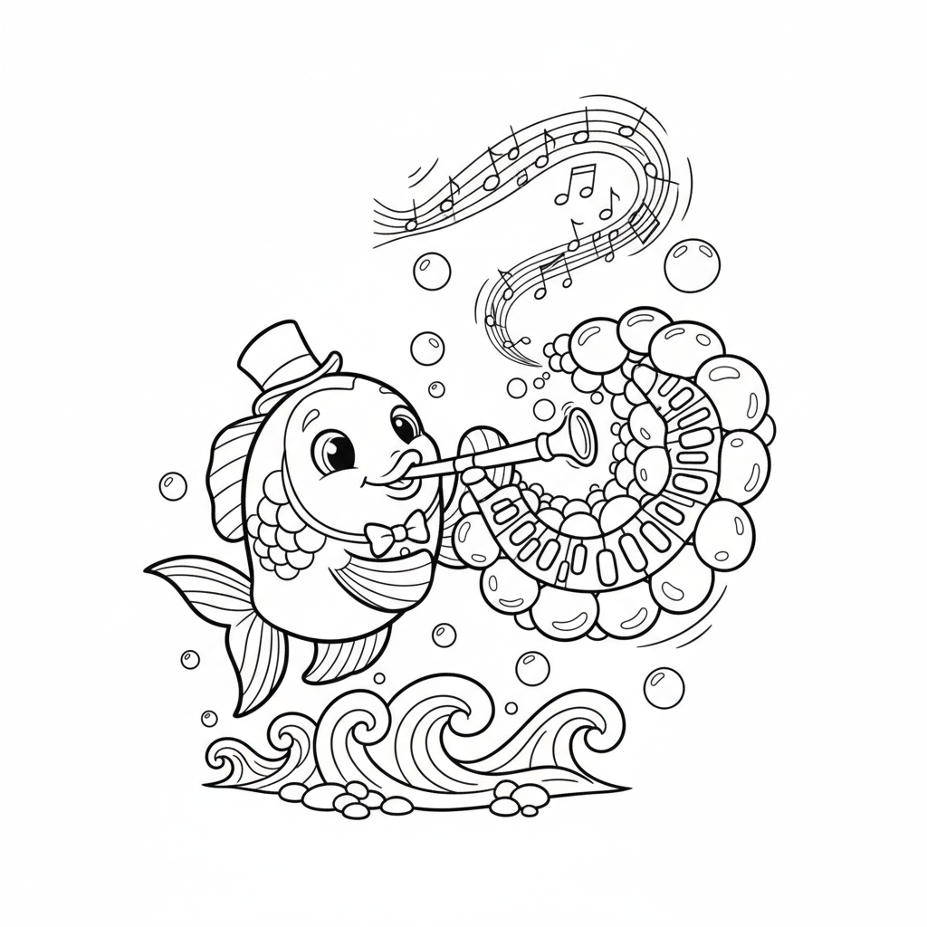 Vismuzikant die op een bellenblaasinstrument speelt - Free Printable Coloring Page
