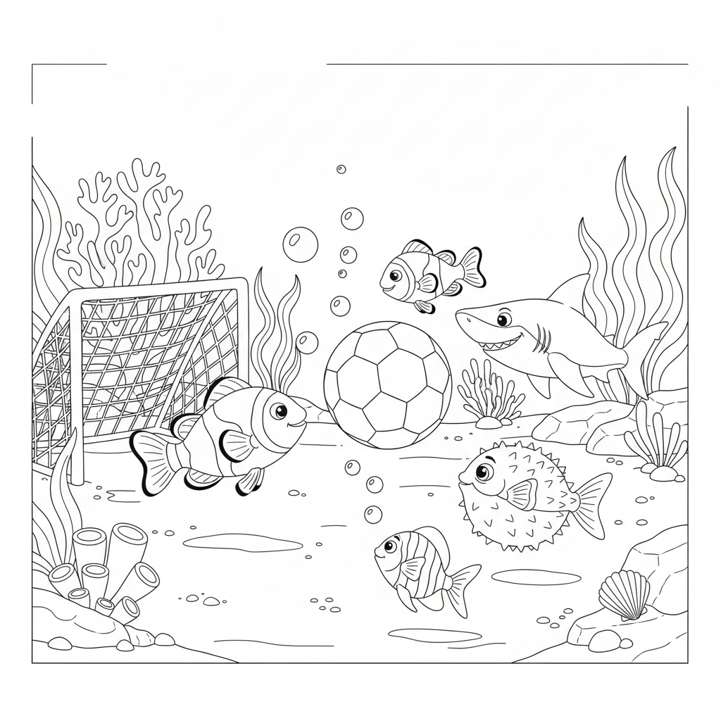 Fische spielen Unterwasserfußball - Kostenloses druckbares Ausmalbild