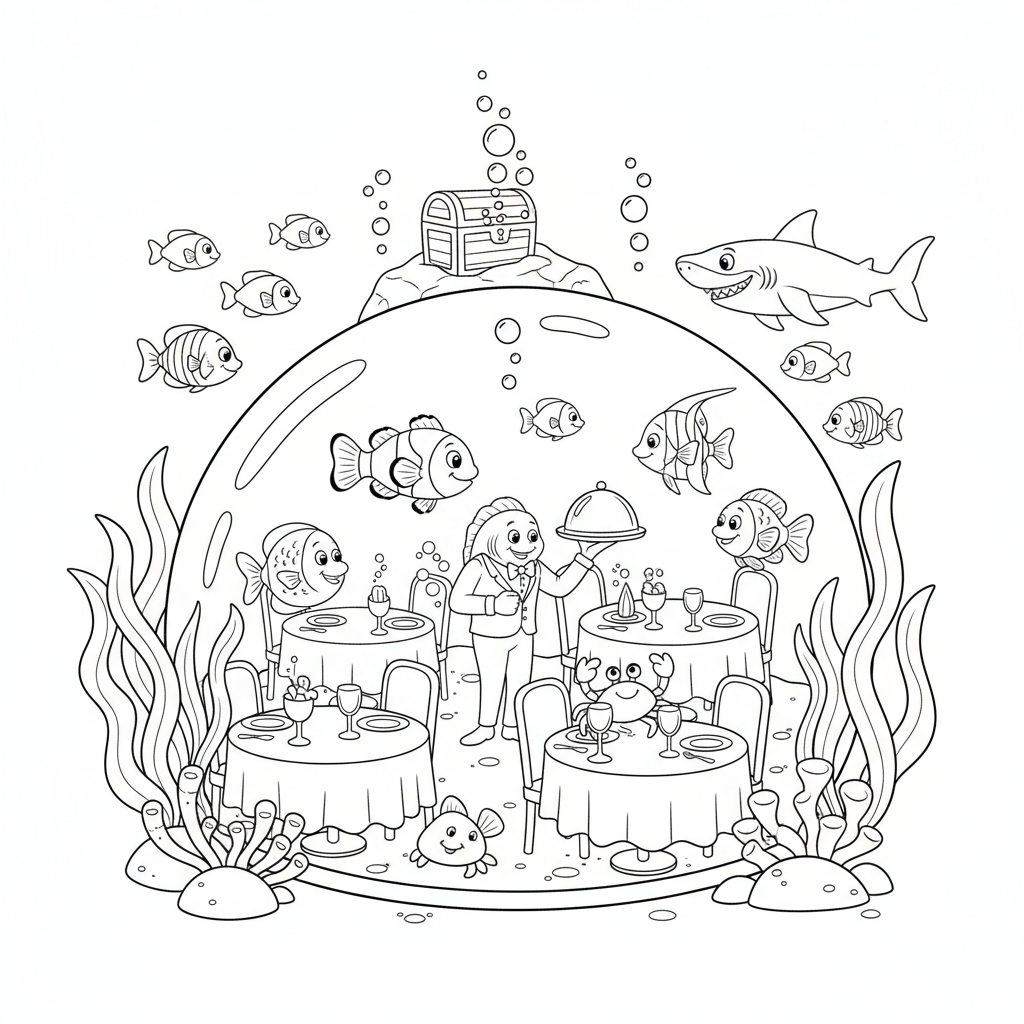 Fish restaurant underwater dining scene - Free Printable Coloring Page Fish restaurant underwater dining scene - Free Printable Coloring Page