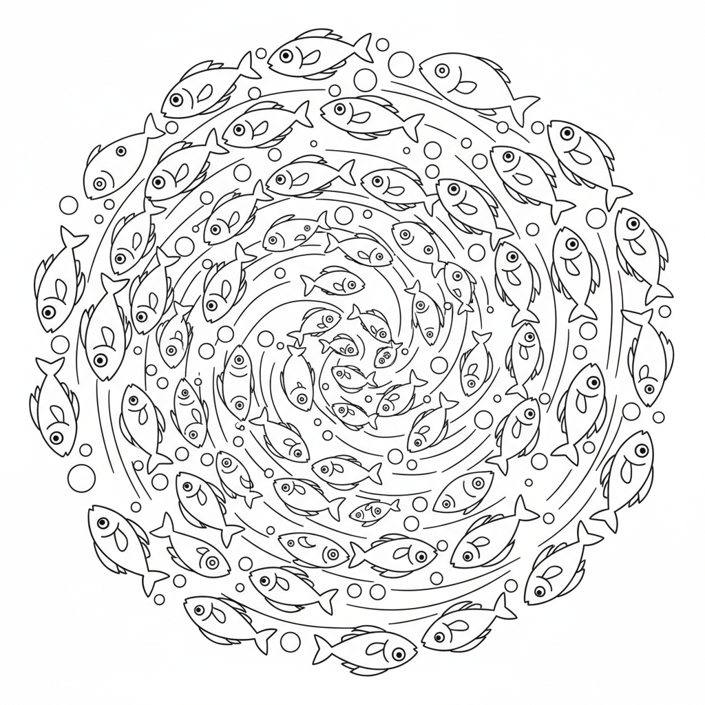 Scholen vissen zwemmen in spiraalvorm in de blauwe oceaan. - Gratis afdrukbare kleurplaat Scholen vissen zwemmen in spiraalvorm in de blauwe oceaan. - Gratis afdrukbare kleurplaat