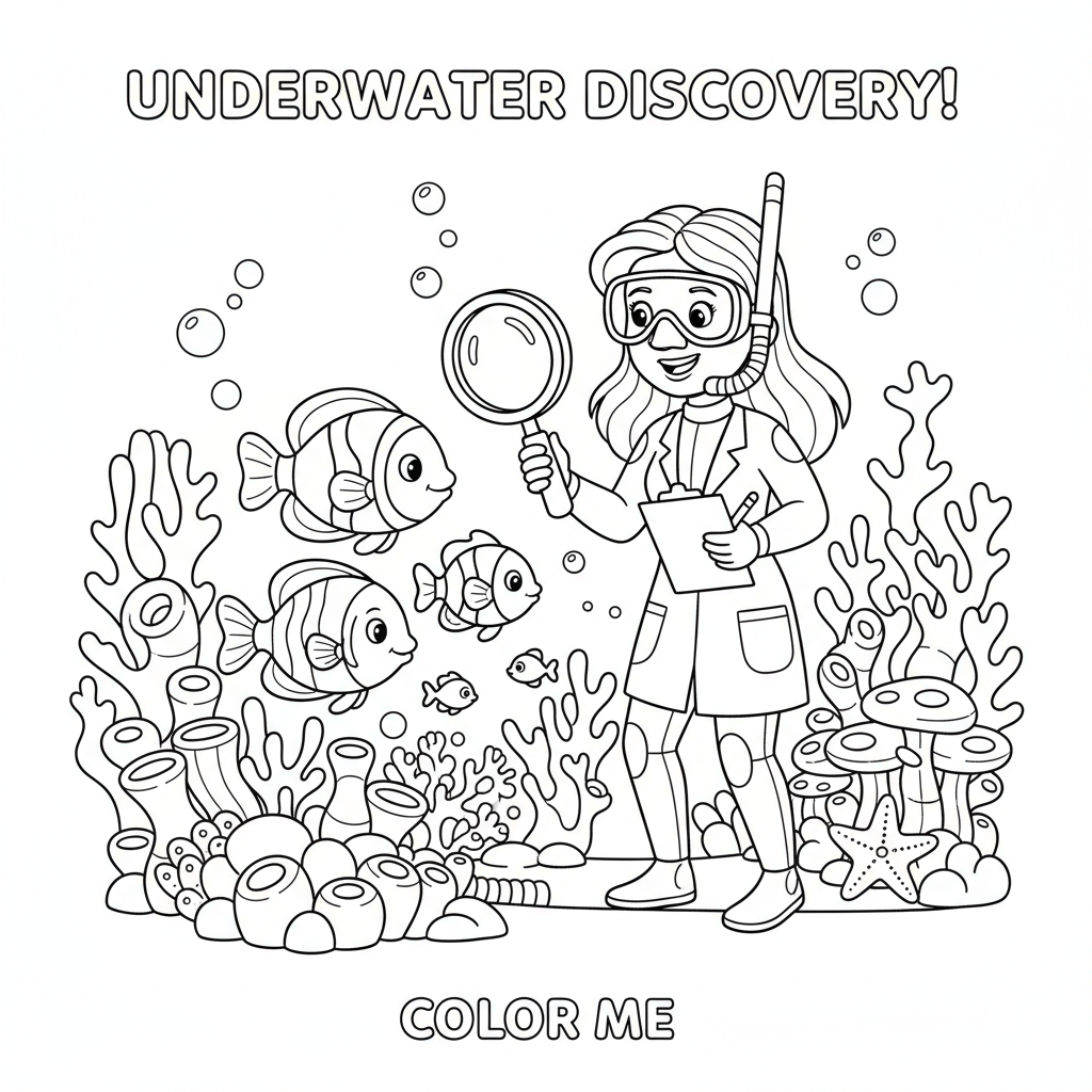 Viswetenschapper die onderzoek doet naar koraalriffen - Gratis afdrukbare kleurplaat Viswetenschapper die onderzoek doet naar koraalriffen - Gratis afdrukbare kleurplaat