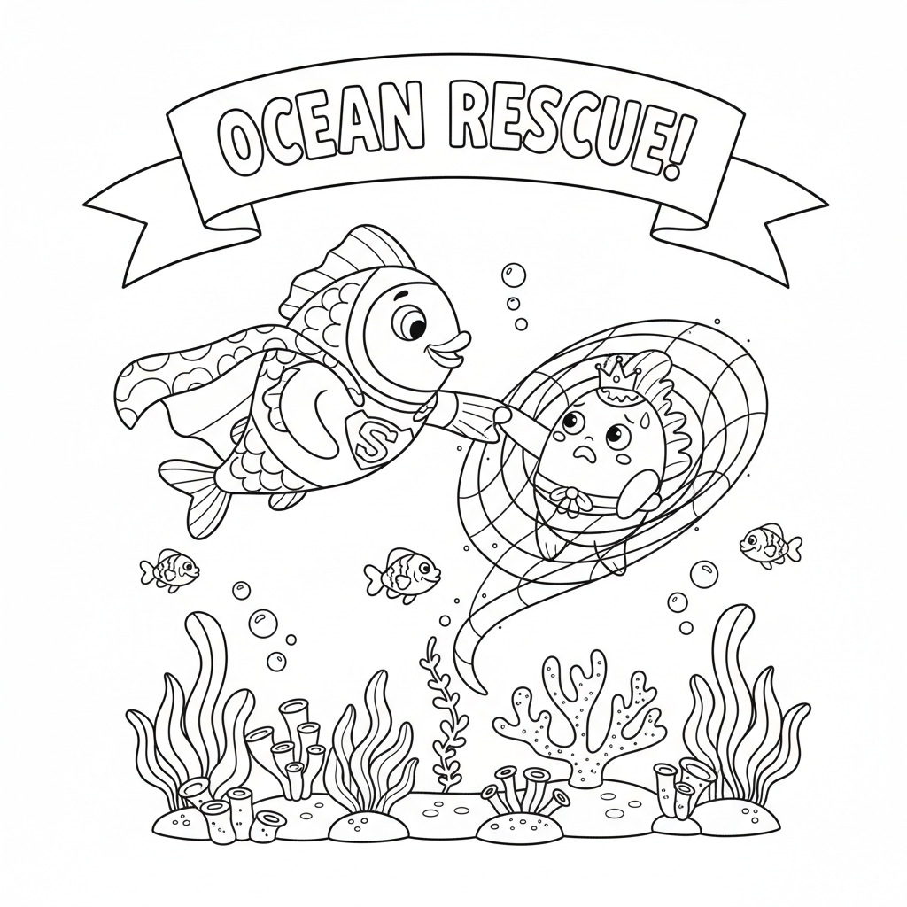 Vis superheld met cape, redder van de oceaan - Gratis afdrukbare kleurplaat Vis superheld met cape, redder van de oceaan - Gratis afdrukbare kleurplaat
