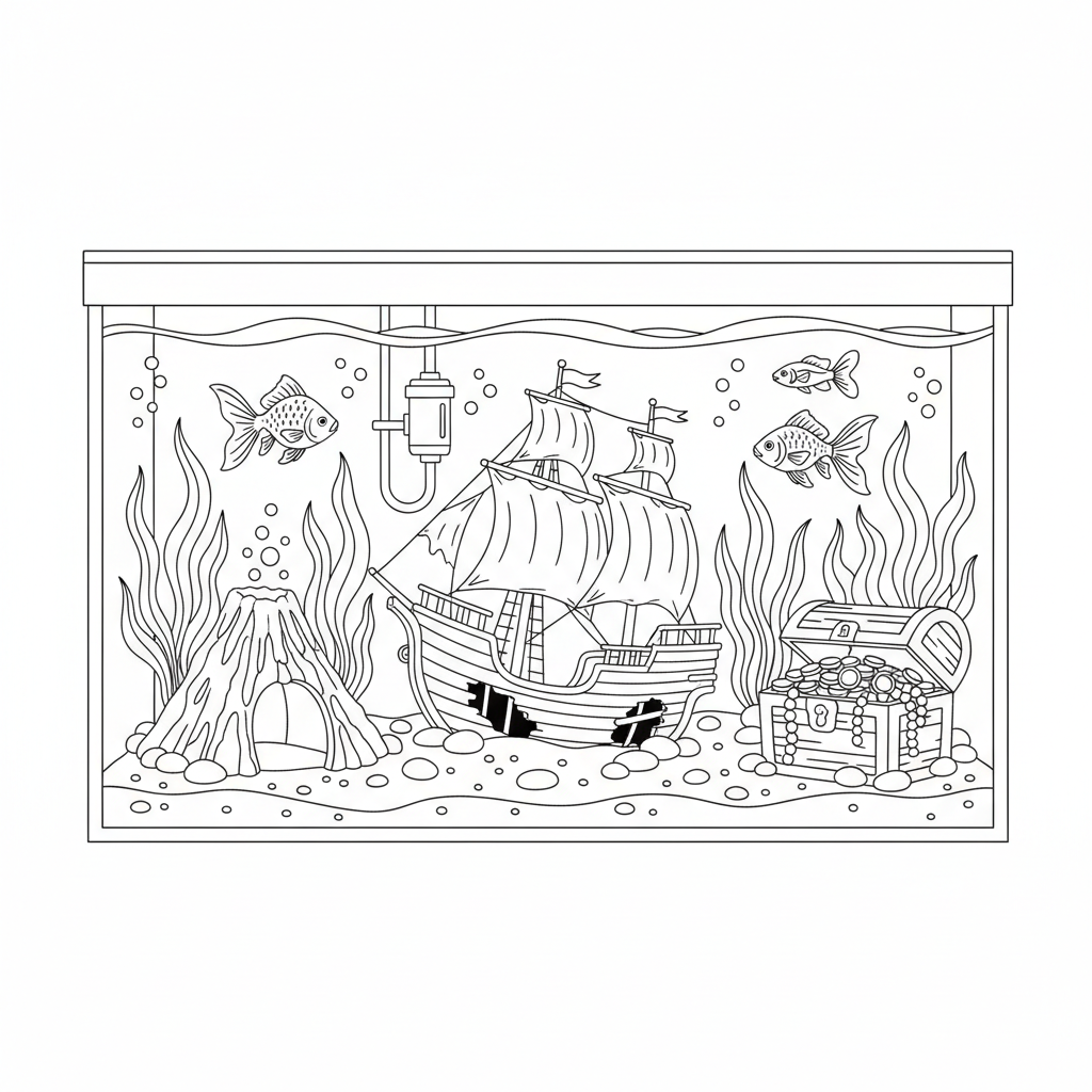 Vistank met decoraties - Gratis afdrukbare kleurplaat