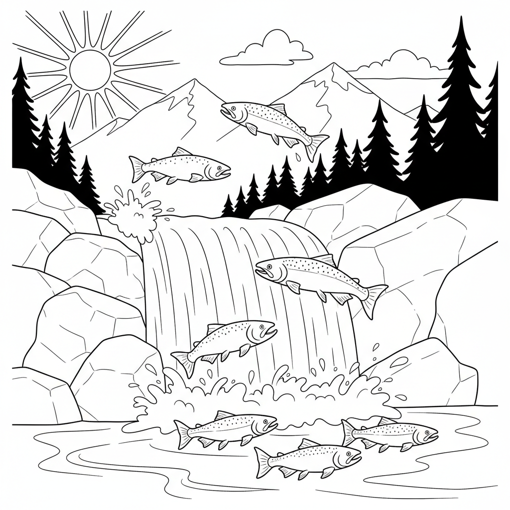 Salmon jumping upstream waterfall migration - Free Printable Coloring Page Salmon jumping upstream waterfall migration - Free Printable Coloring Page