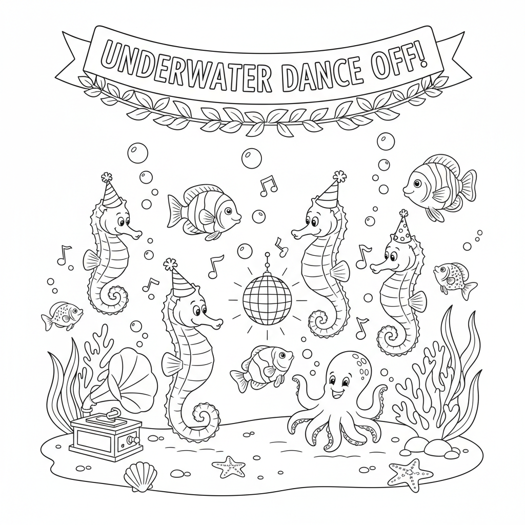 Seahorse and fish dance party underwater - Free Printable Coloring Page Seahorse and fish dance party underwater - Free Printable Coloring Page