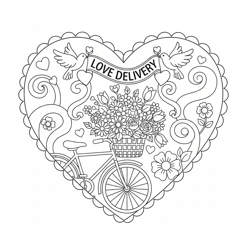 Flower basket bicycle delivery romantic - Free Printable Coloring Page Flower basket bicycle delivery romantic - Free Printable Coloring Page