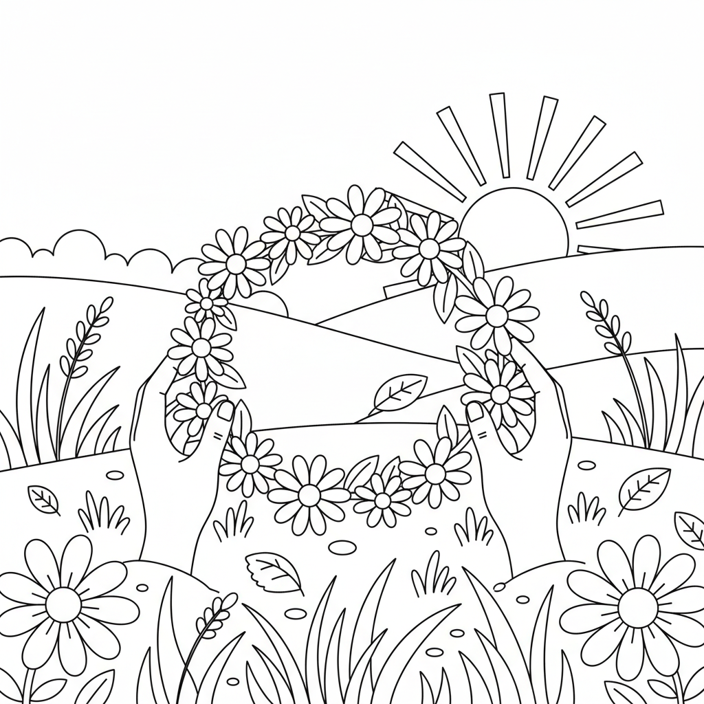 Flower crown being woven by hands in meadow craft - Free Printable Coloring Page