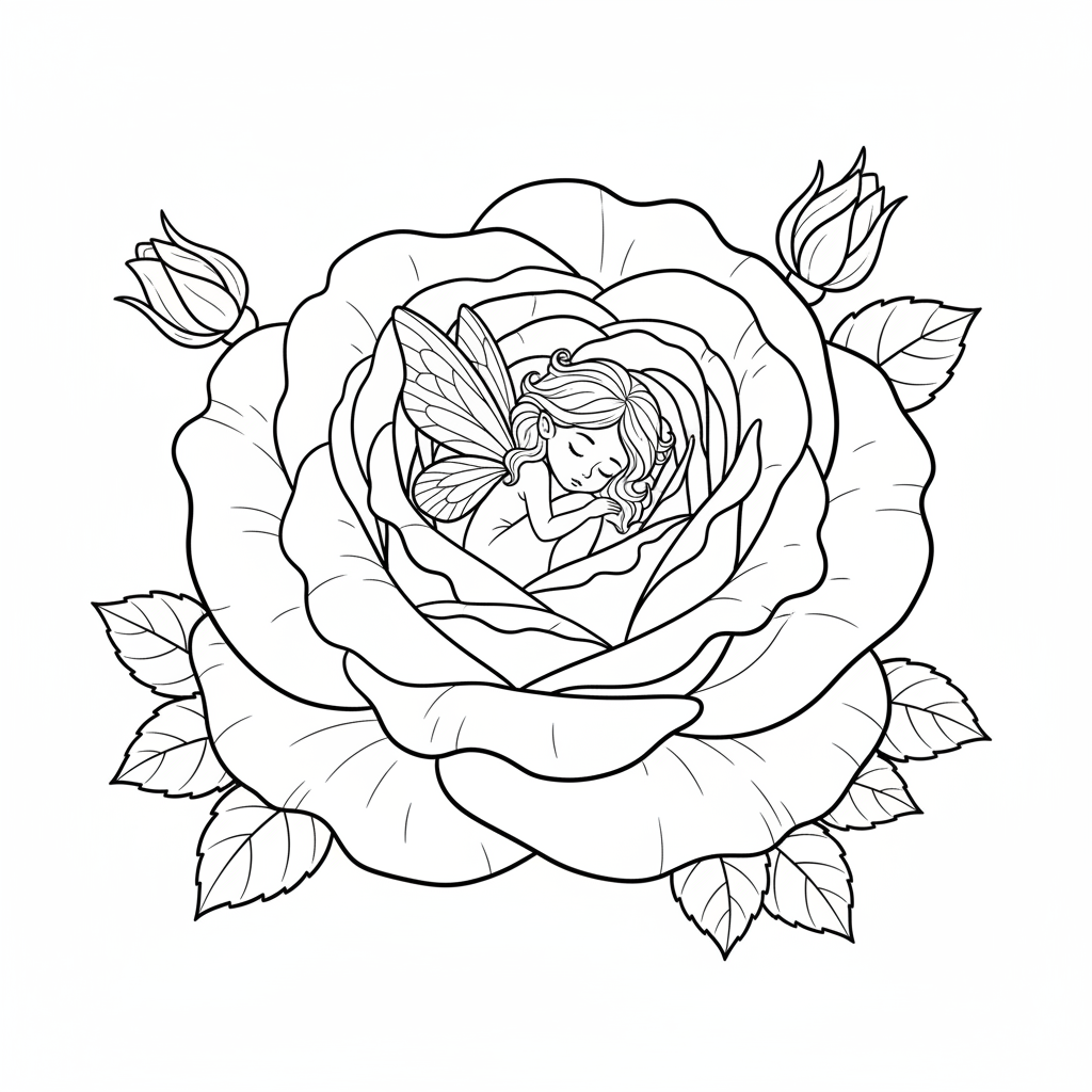 Flower fairy sleeping inside rose petals curled up - Free Printable Coloring Page