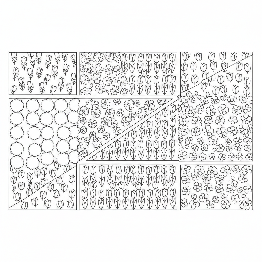 Flower field aerial view patchwork colors lavender tulips - Free Printable Coloring Page