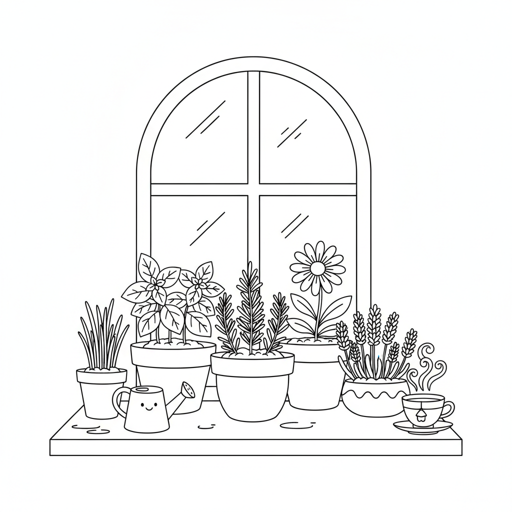 Flower pot windowsill collection herbs and blooms kitchen - Free Printable Coloring Page