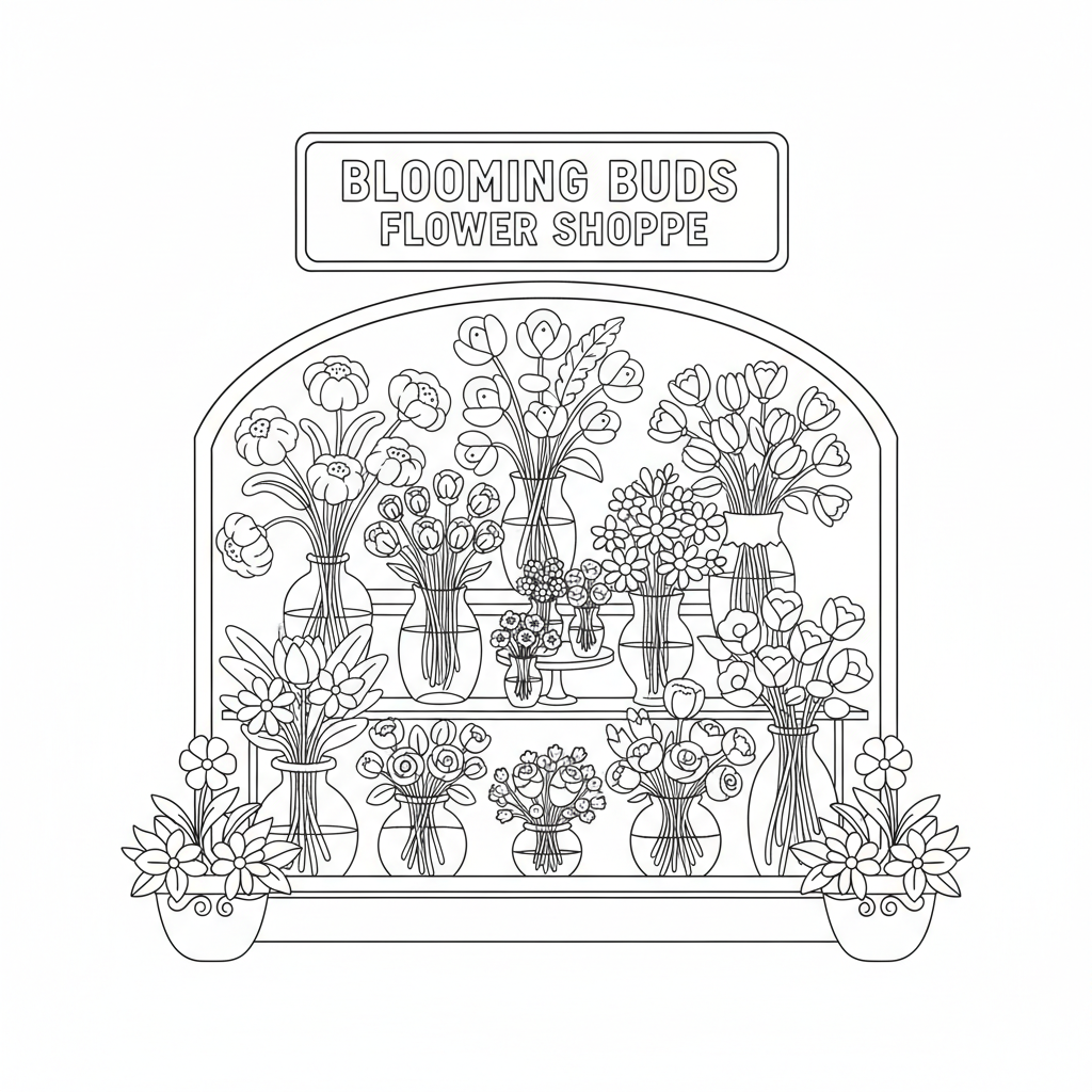 Flower shop storefront window display colorful bouquets - Free Printable Coloring Page