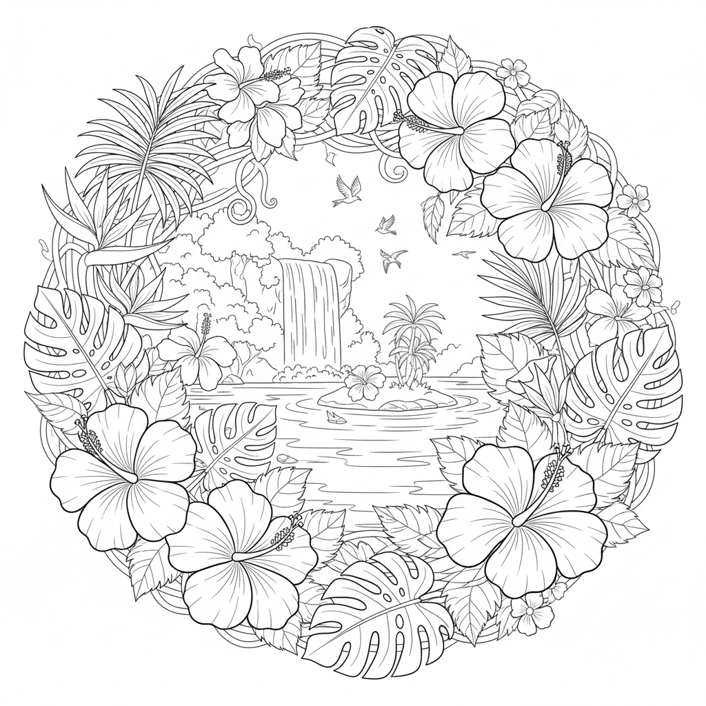 Hibiscus Tropical Paradise - Free Printable Coloring Page Hibiscus Tropical Paradise - Free Printable Coloring Page