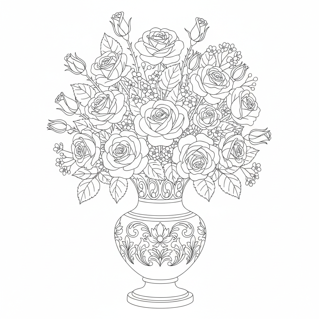 Rose Bouquet In Vase Coloring Page - Free Printable