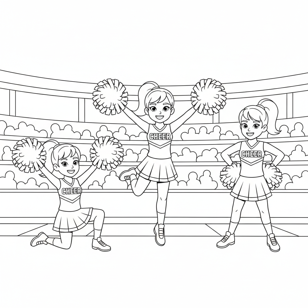Cheerleaders performing routine on sideline with pom poms - Free Printable Coloring Page Cheerleaders performing routine on sideline with pom poms - Free Printable Coloring Page