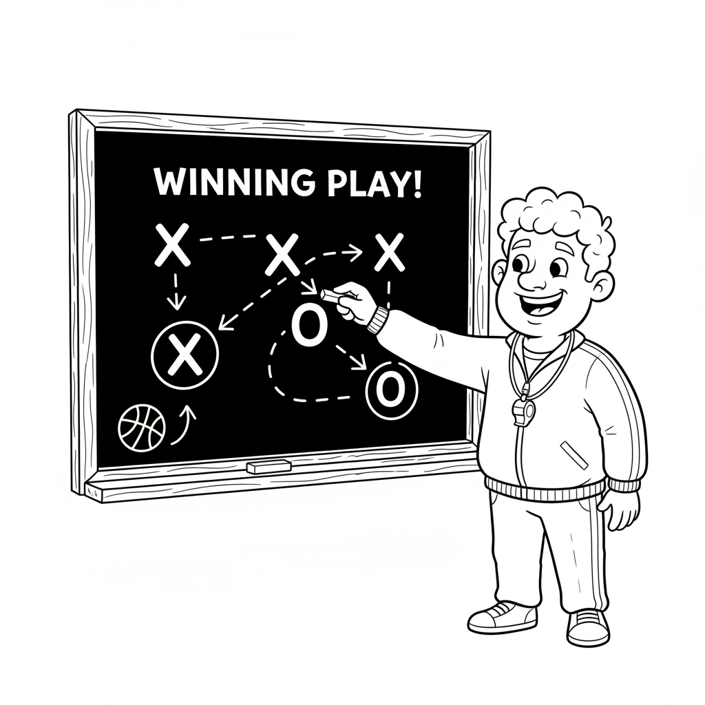 Coach drawing play on chalkboard with X and O diagrams - Free Printable Coloring Page Coach drawing play on chalkboard with X and O diagrams - Free Printable Coloring Page