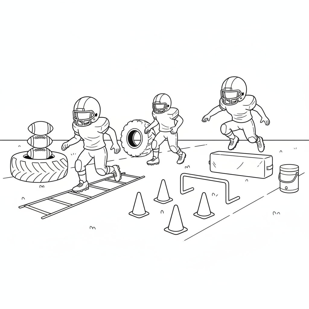 Football practice drill with cones and training equipment - Free Printable Coloring Page Football practice drill with cones and training equipment - Free Printable Coloring Page