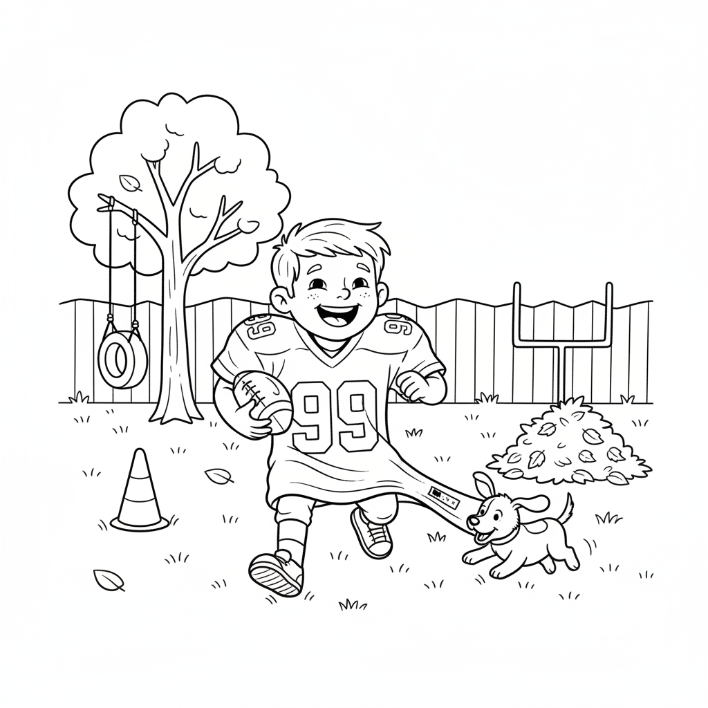Kid in oversized football jersey playing backyard football - Free Printable Coloring Page Kid in oversized football jersey playing backyard football - Free Printable Coloring Page