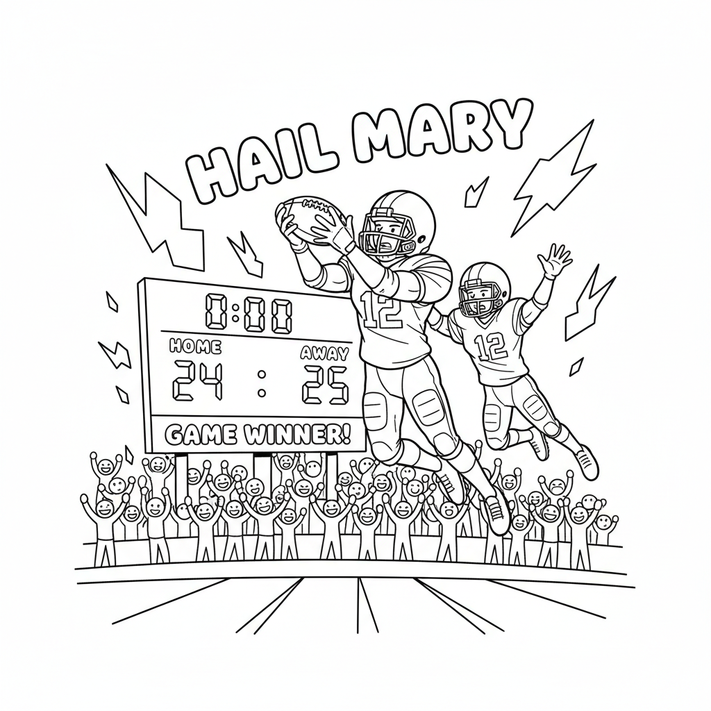 Player catching hail mary pass in final seconds dramatic - Free Printable Coloring Page Player catching hail mary pass in final seconds dramatic - Free Printable Coloring Page