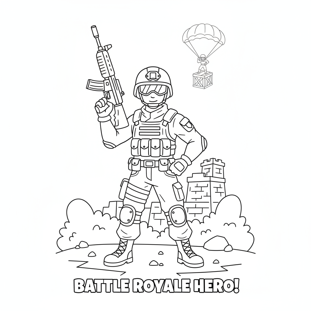 Een cartoon battle royale soldaat staande in heldhaftige pose standaard outfit - Gratis afdrukbare kleurplaat