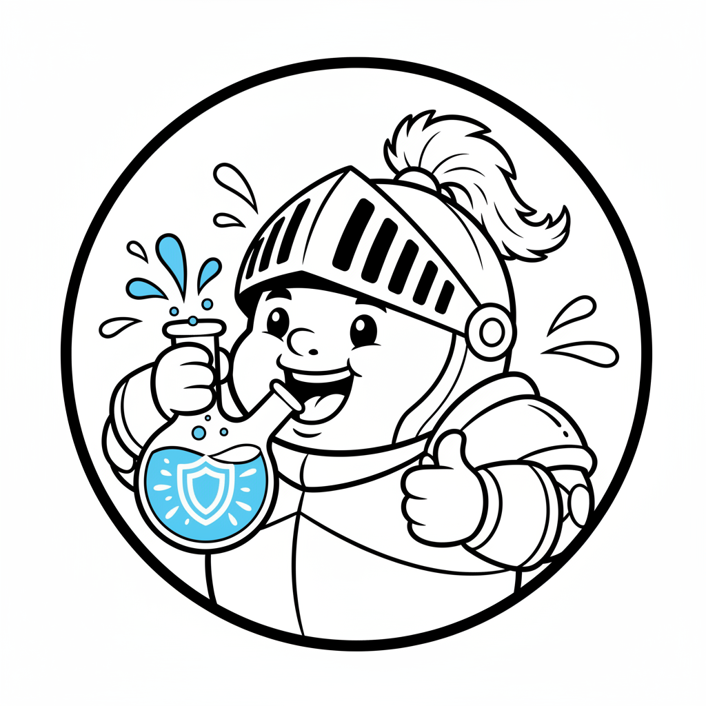 Eine Zeichentrickfigur, die einen blau leuchtenden Gesundheitstrank trinkt - Kostenloses druckbares Ausmalbild