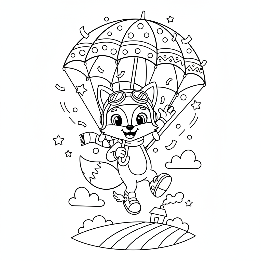Un personaggio dei cartoni animati che plana con un ombrello che celebra l'atterraggio - Disegno da colorare gratuito