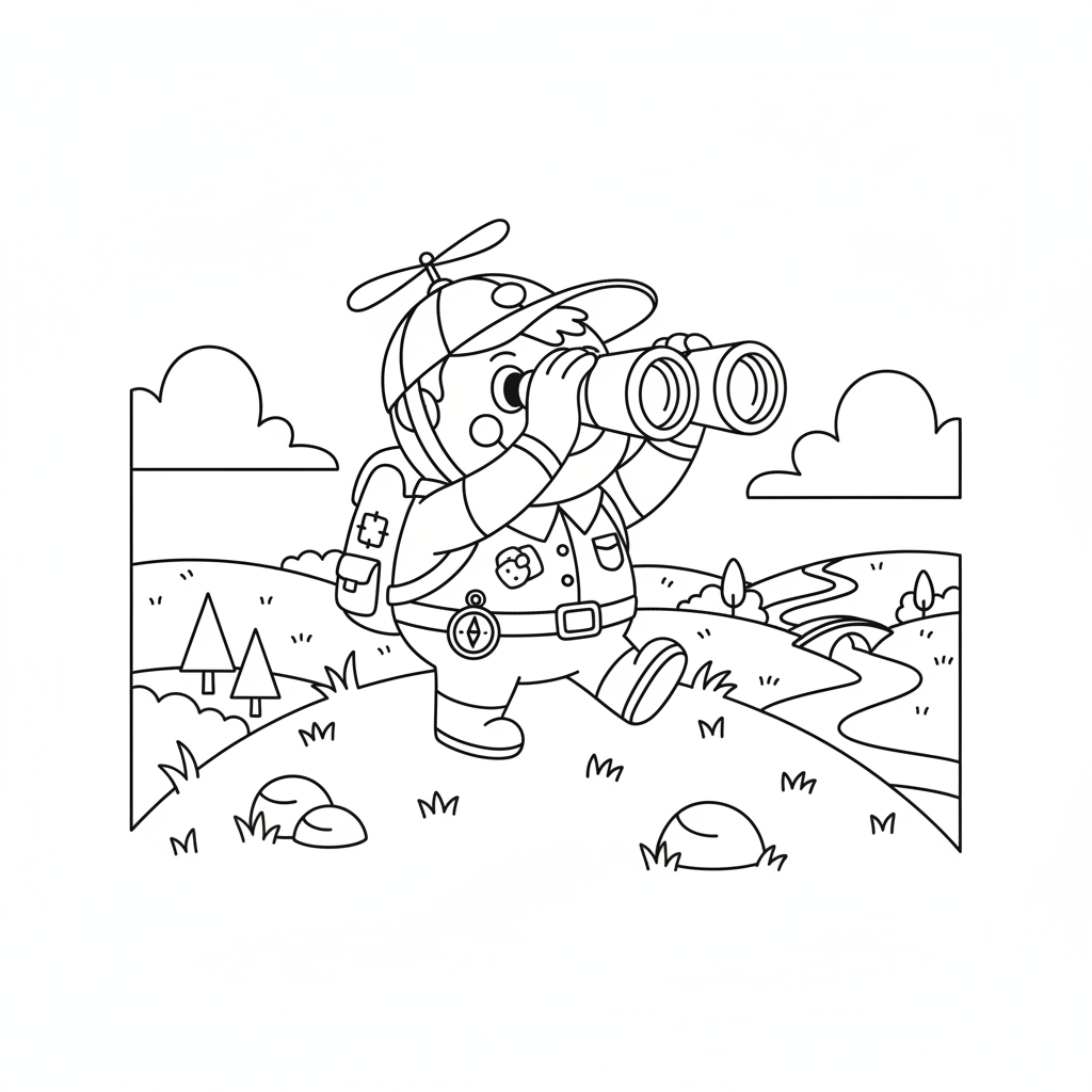 Un personaggio dei cartoni animati che guarda attraverso un binocolo in esplorazione dalla cima di una collina - Disegno da colorare gratuito