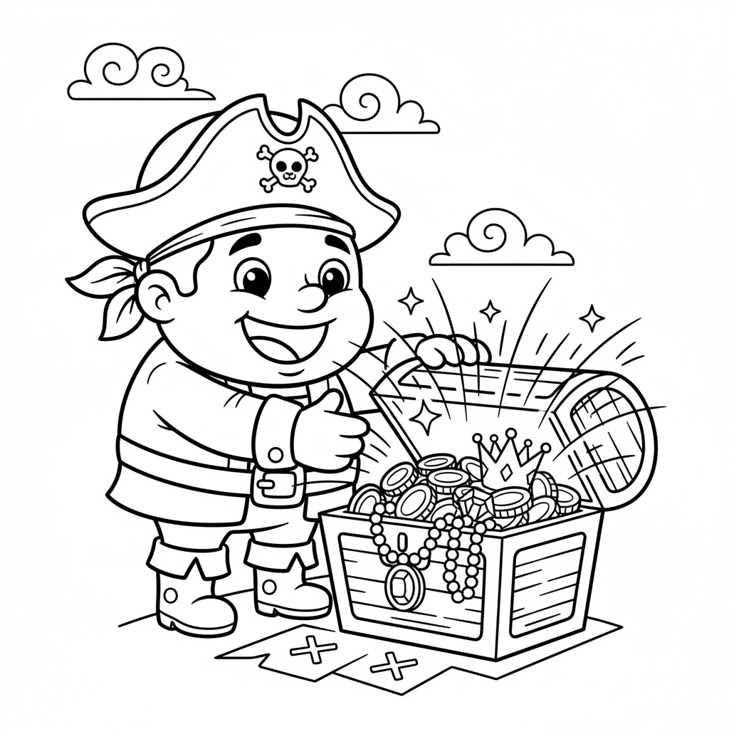 A cartoon character opening a glowing treasure chest loot discovery - Free Printable Coloring Page