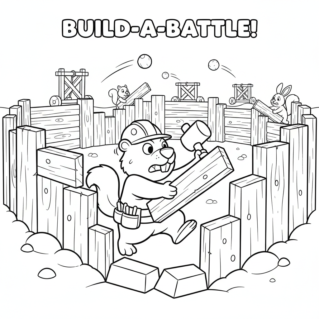 A cartoon character quickly building wooden walls construction battle - Free Printable Coloring Page A cartoon character quickly building wooden walls construction battle - Free Printable Coloring Page