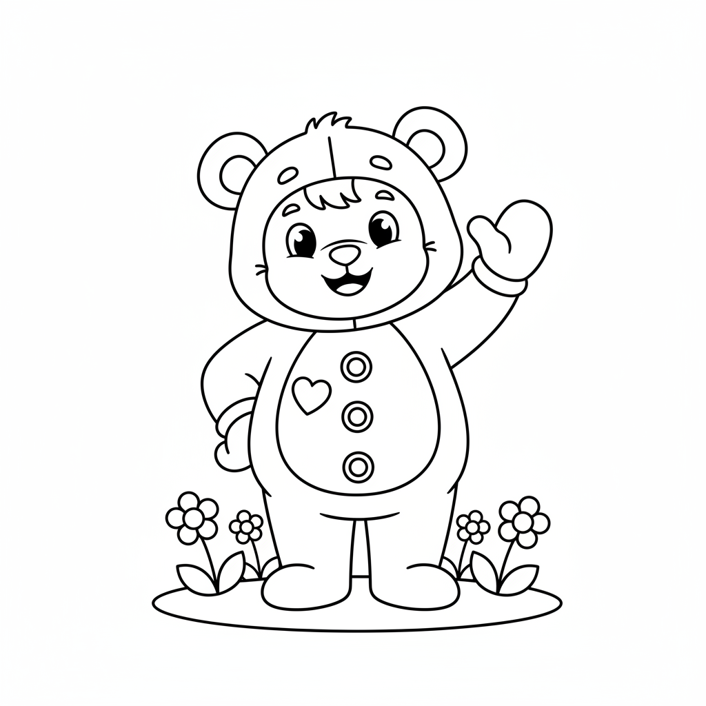 A character in pink bear costume waving hello cute - Free Printable Coloring Page