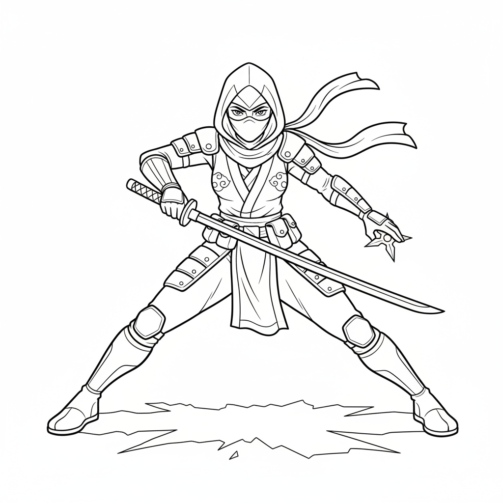 A female ninja character with mask skilled warrior battle - Free Printable Coloring Page