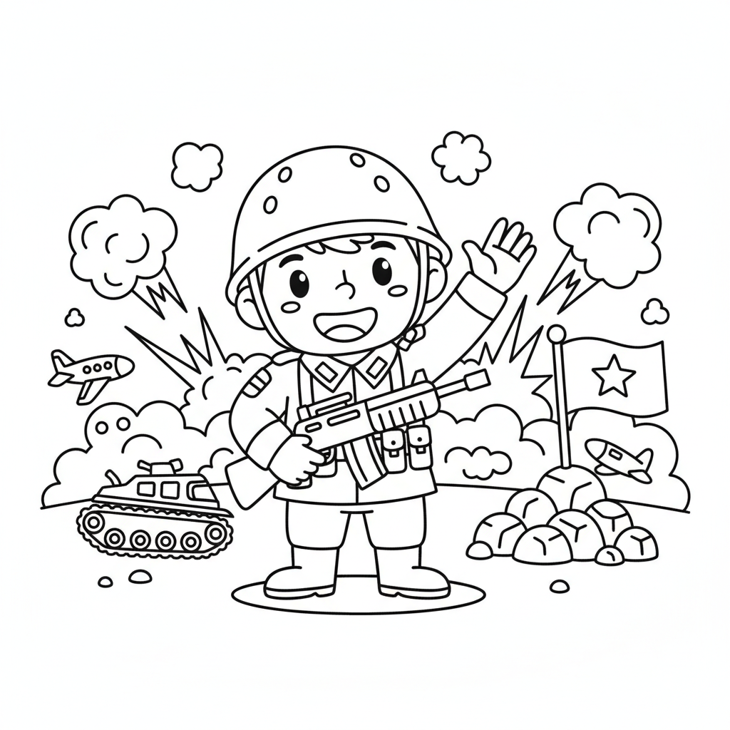 Eine freundliche Cartoon-Soldatenfigur, die in der Kampfarena winkend Hallo sagt - Kostenloses druckbares Ausmalbild