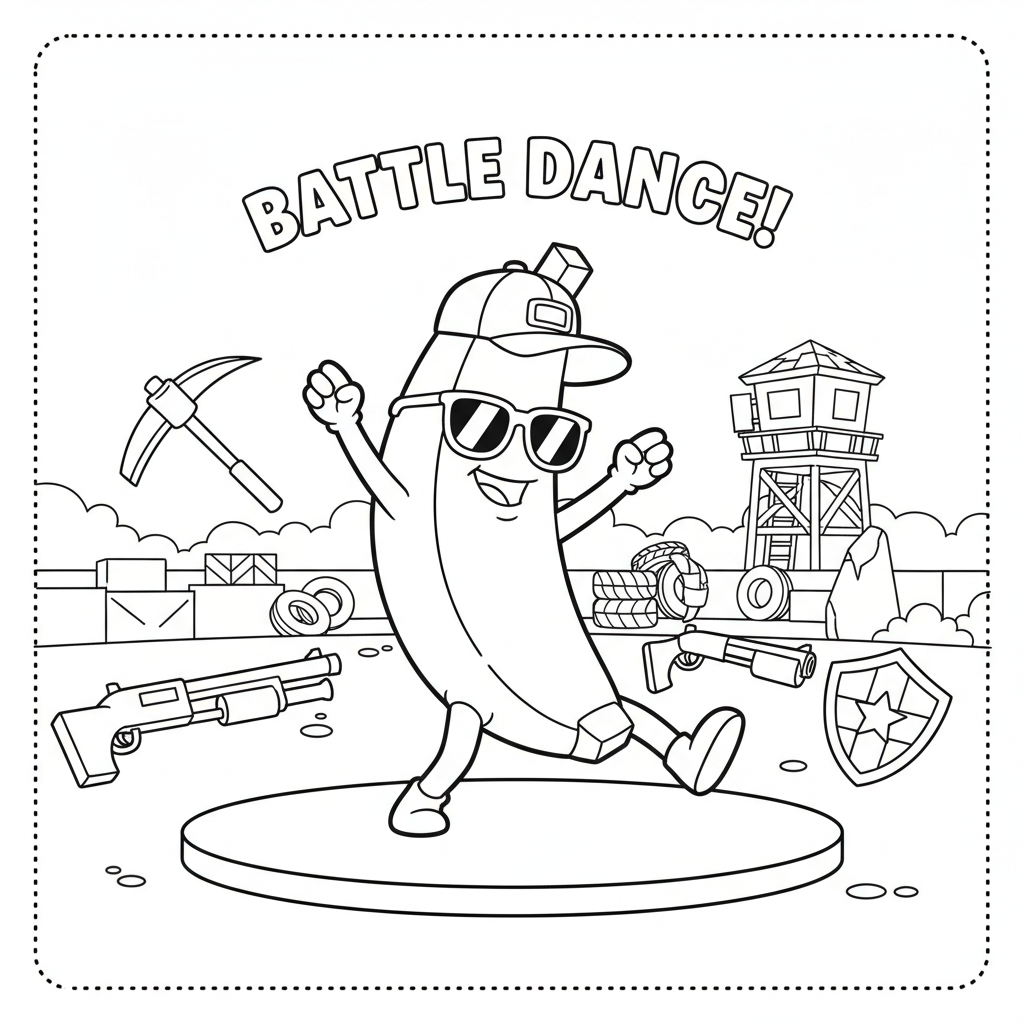 A funny banana-shaped character dancing silly in battle royale arena - Free Printable Coloring Page A funny banana-shaped character dancing silly in battle royale arena - Free Printable Coloring Page