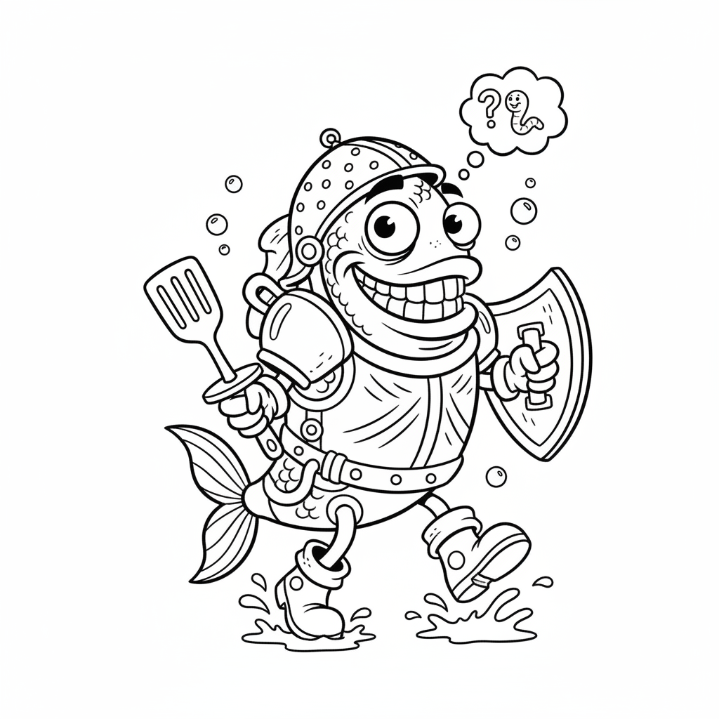 Un personnage de poisson de dessin animé en tenue de combat en train de faire de l'humour - Coloriage gratuit à imprimer