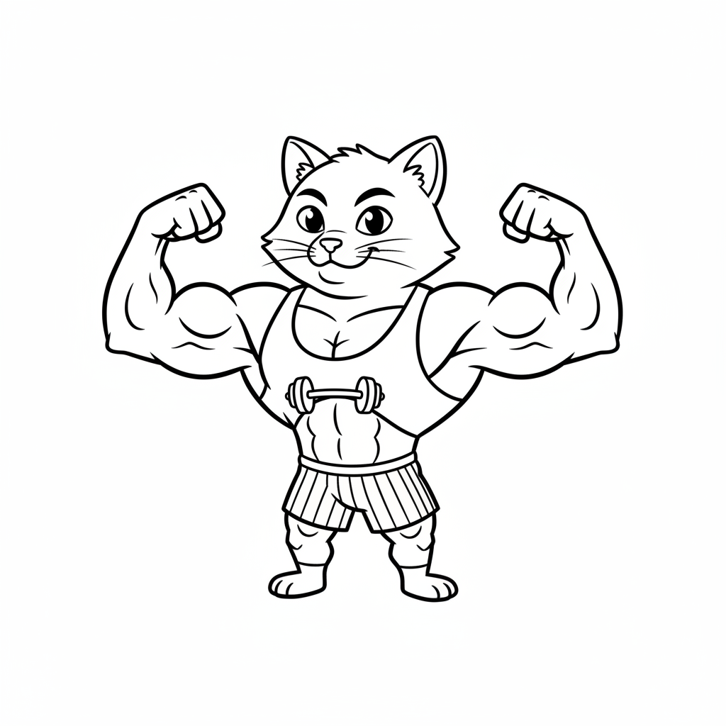 A muscular cartoon cat character flexing showing muscles strong - Free Printable Coloring Page