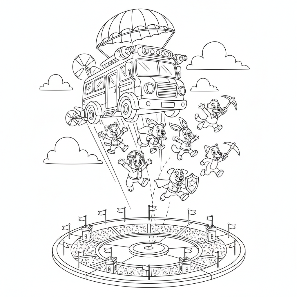 Cartoon characters jumping out of a flying battle bus dropping into arena - Free Printable Coloring Page Cartoon characters jumping out of a flying battle bus dropping into arena - Free Printable Coloring Page