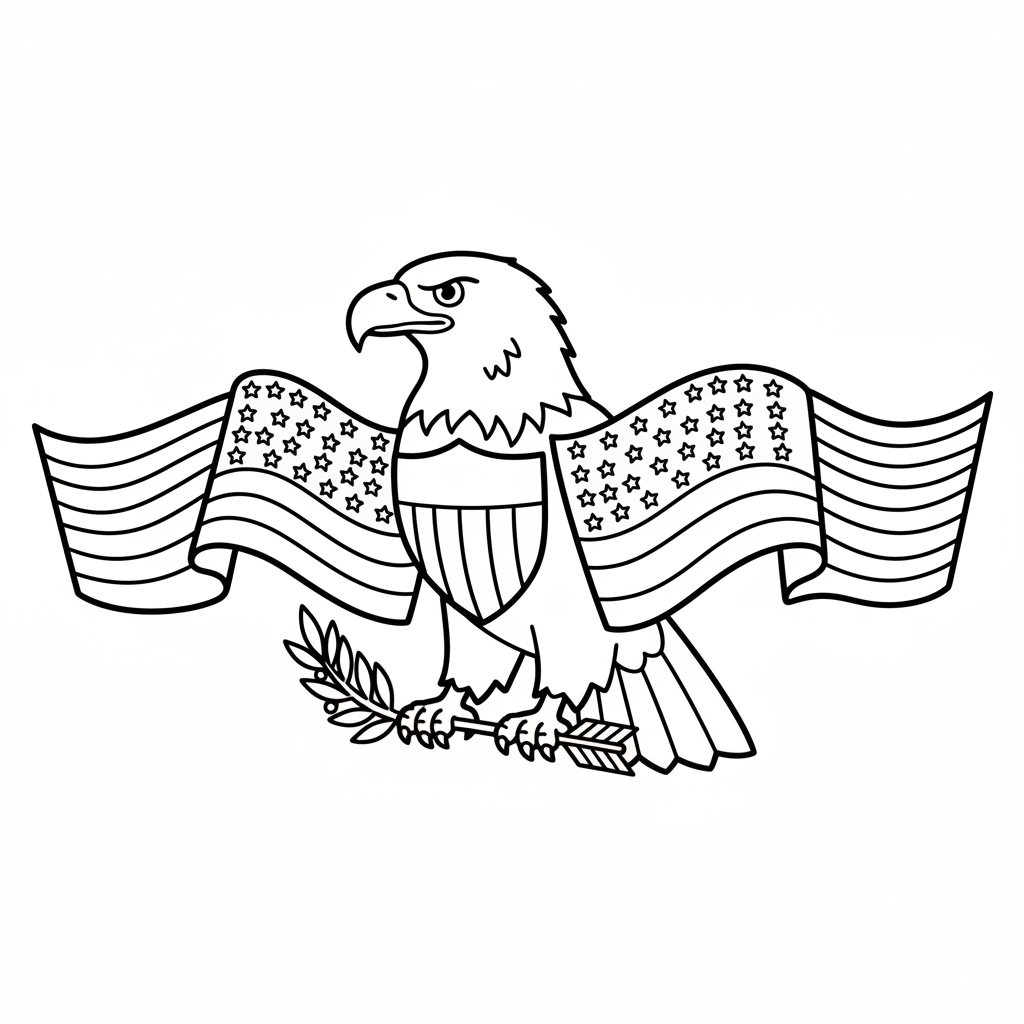 American bald eagle portrait with flag wings spread - Free Printable Coloring Page