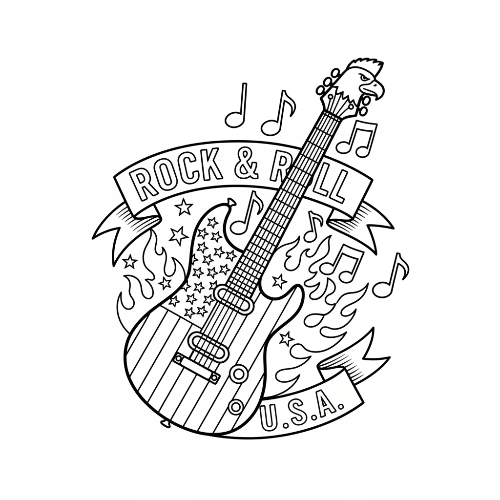 American flag guitar rock and roll patriotic music - Free Printable Coloring Page